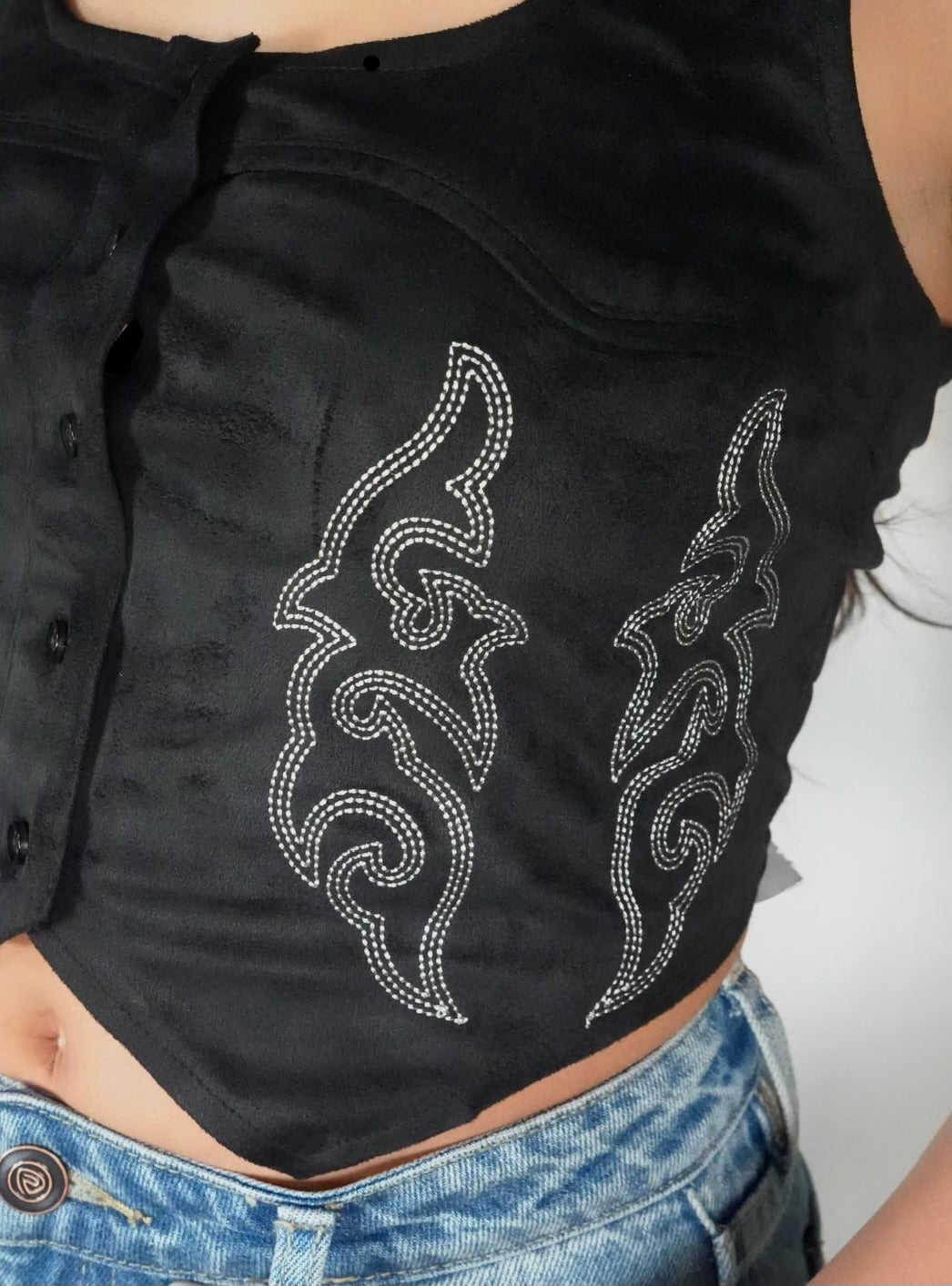 Women's Rock & Roll Denim Microsuede Boot Stitch Embroidered Tank Top - Black