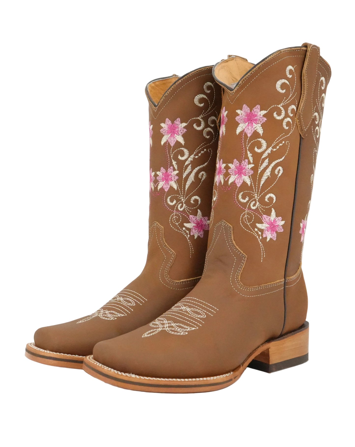 La Sierra Women's Leather Floral Pink Stitch Square Toe Boot - Tang