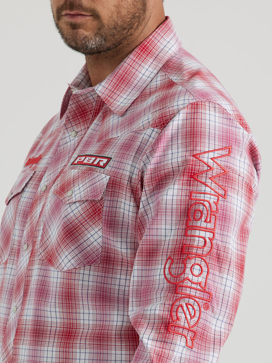 Wrangler Men's PBR Logo Long Sleeve Cherry Plaid Western Snap Shirt