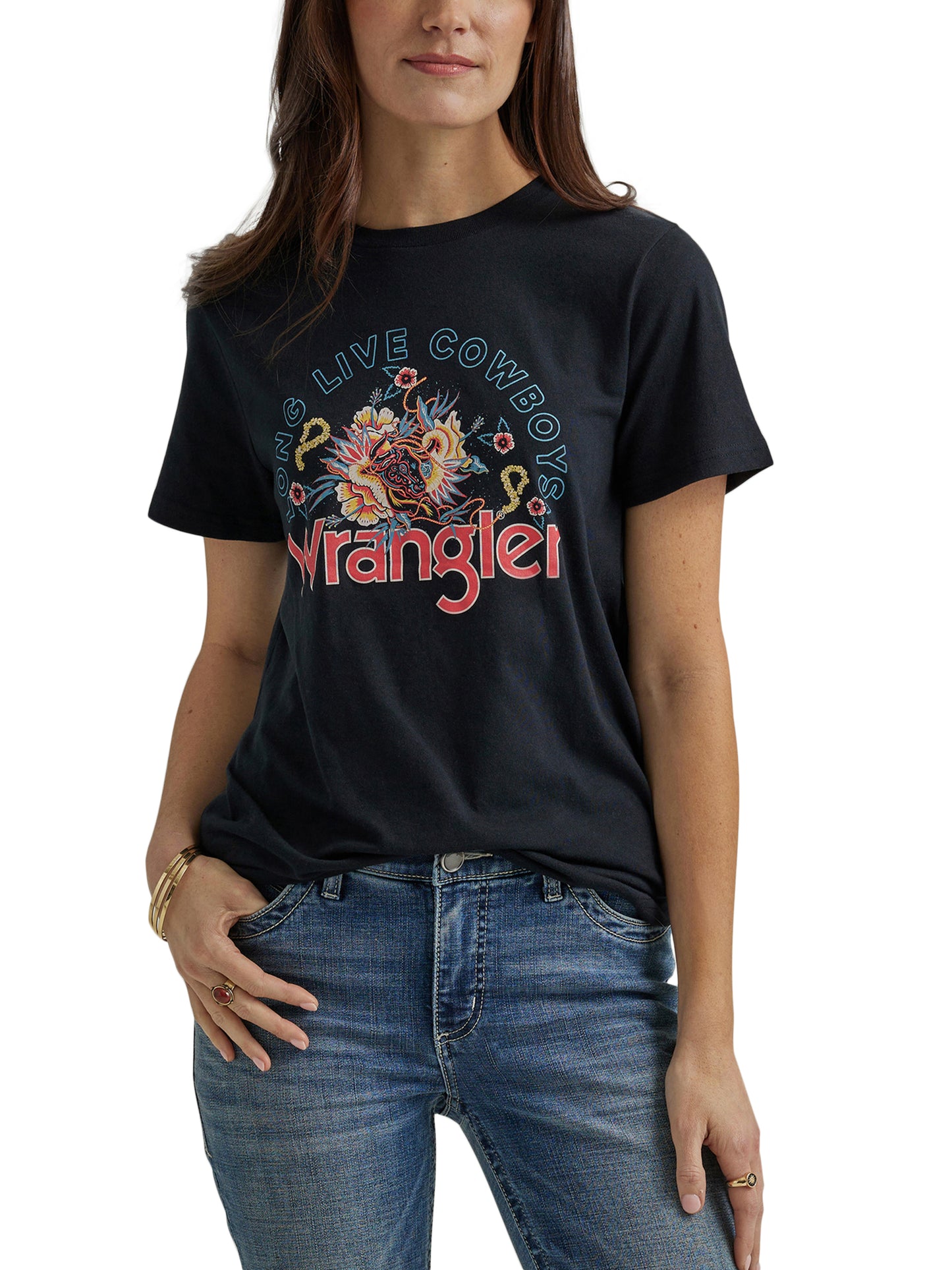 Wrangler Women's Floral Western Short Sleeve Black Tee