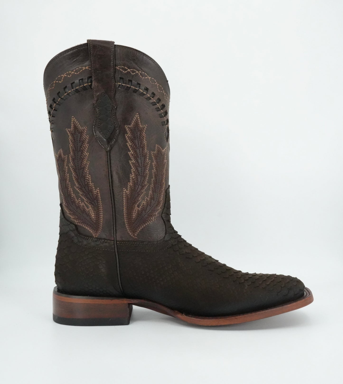 Hooch Men's Nobuck Chocolate Python Print Wide Square Toe Boot