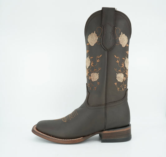 Vaquero Signature Women’s Brown Grasso Flowers Wide Square Toe Boot