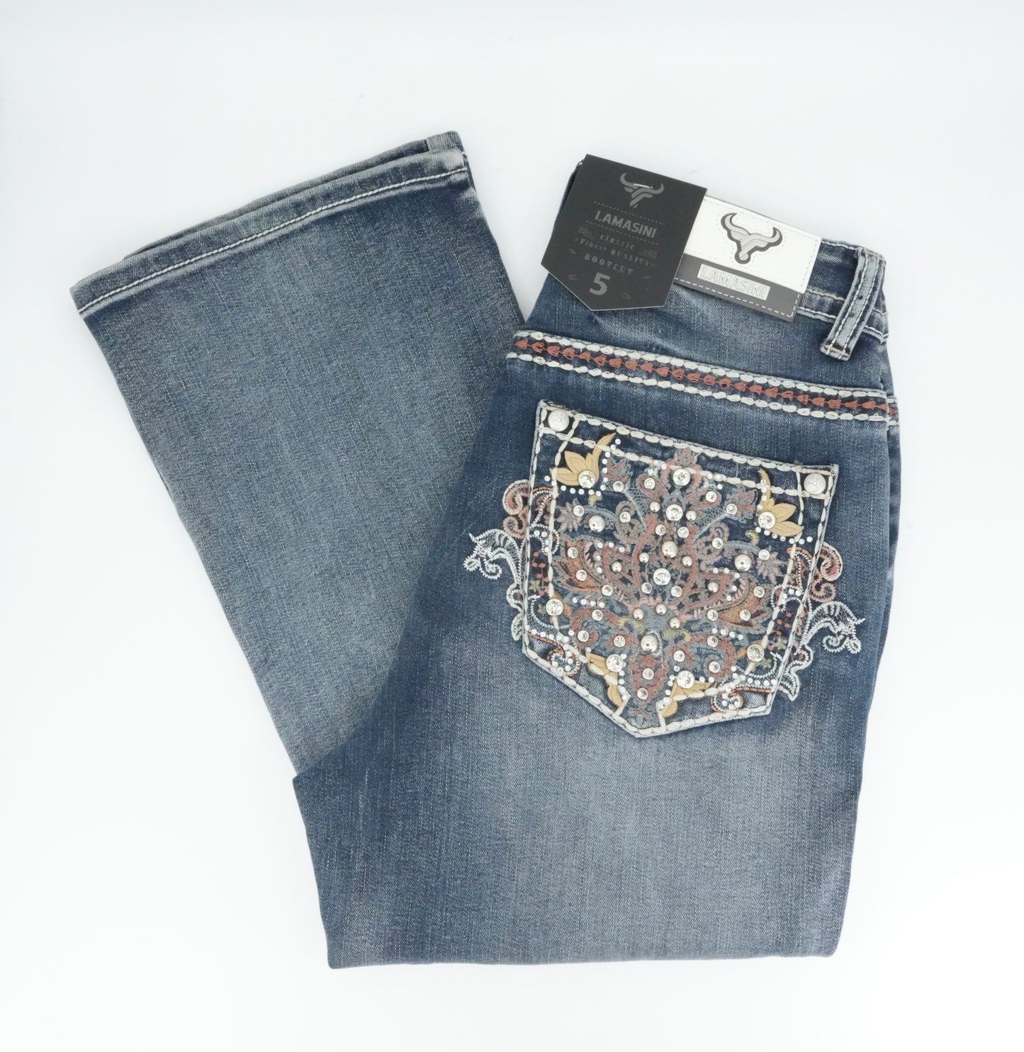 Lamasini Floral Stud Bling Pocket Stone Wash Bootcut Jean