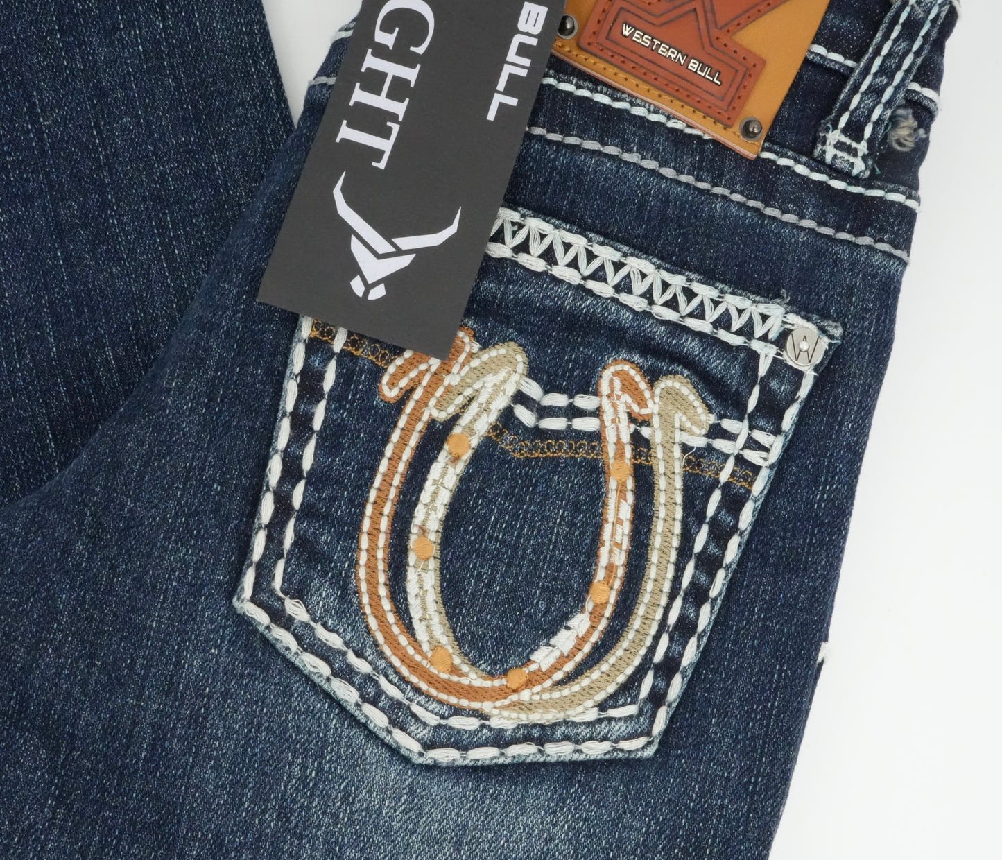 Youth's Western Bull Horseshoe Pocket Medium Blue Straight Jean