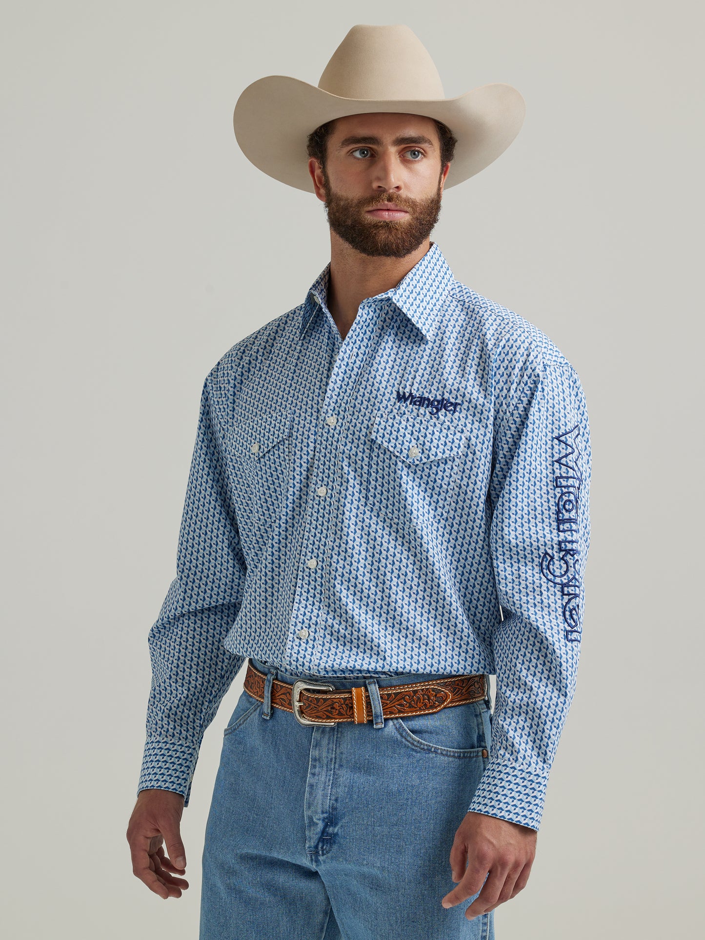 Wrangler Men's Logo Long Sleeve Western Button Down Shirt Light Blue Print