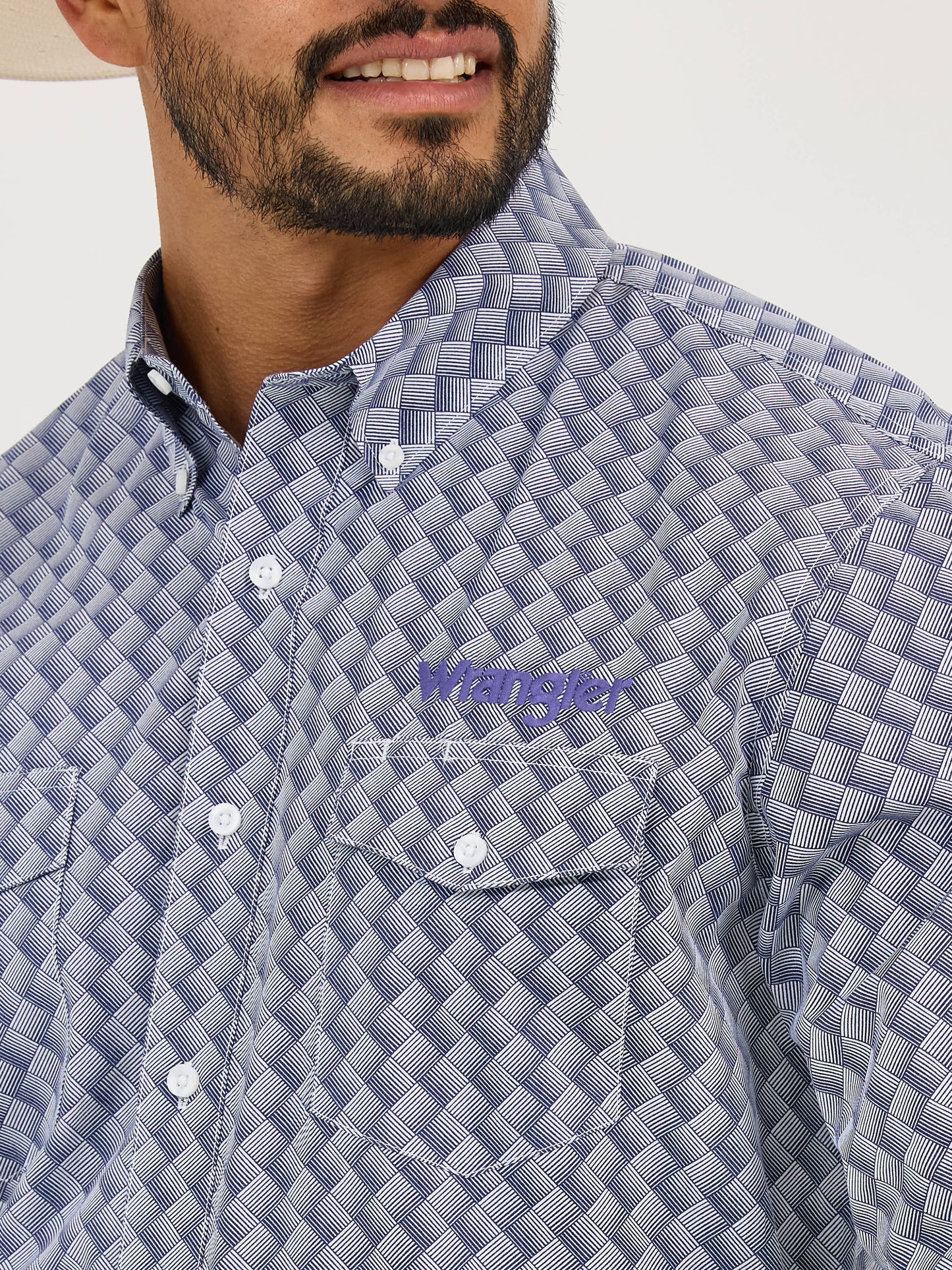 Wrangler Logo Navy Orchid Long Sleeve Button Down Shirt
