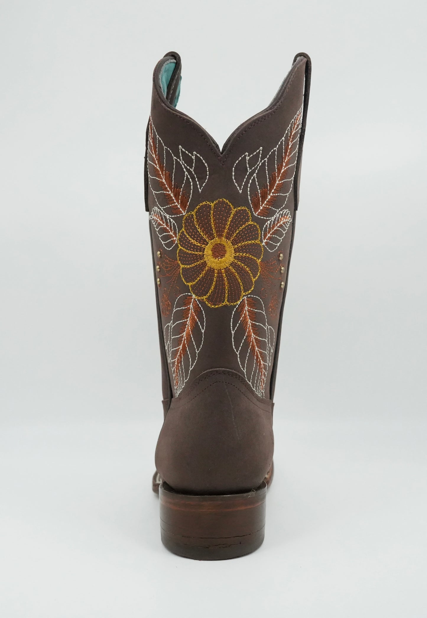 Stephy Women's Embroidered Flower Feathers Crazy Brown Square Toe Boot