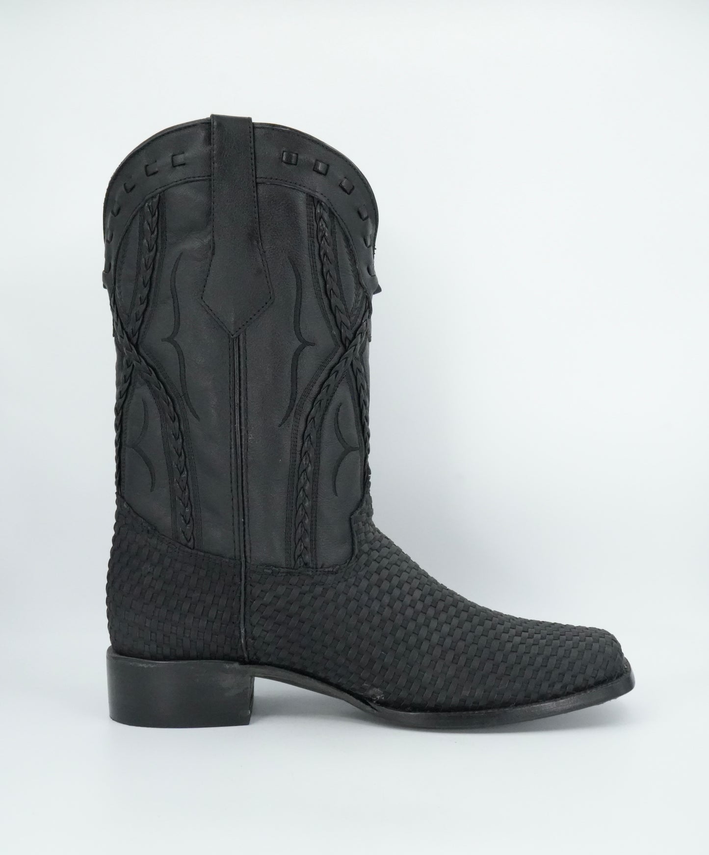 Rock'em Men's Petatillo Braided Leather Black Wide Square Toe Boot