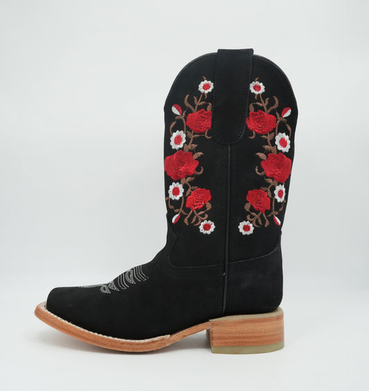 Stephy Women's Nobuck Black Floral Square Toe Boot