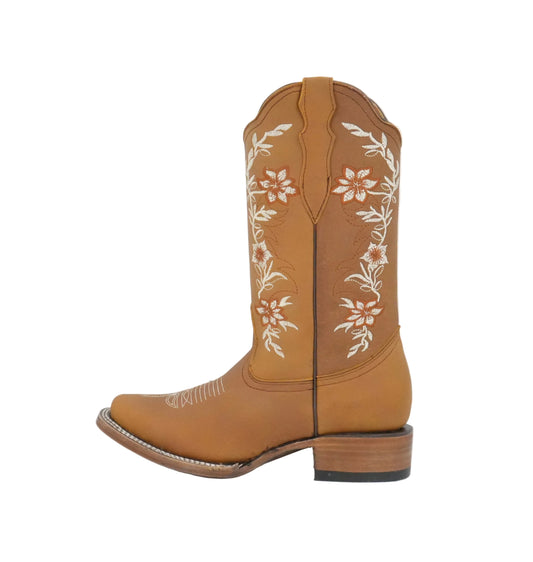 La Sierra Women's Zipper Floral Rust Stitch Square Toe Boot - Tang