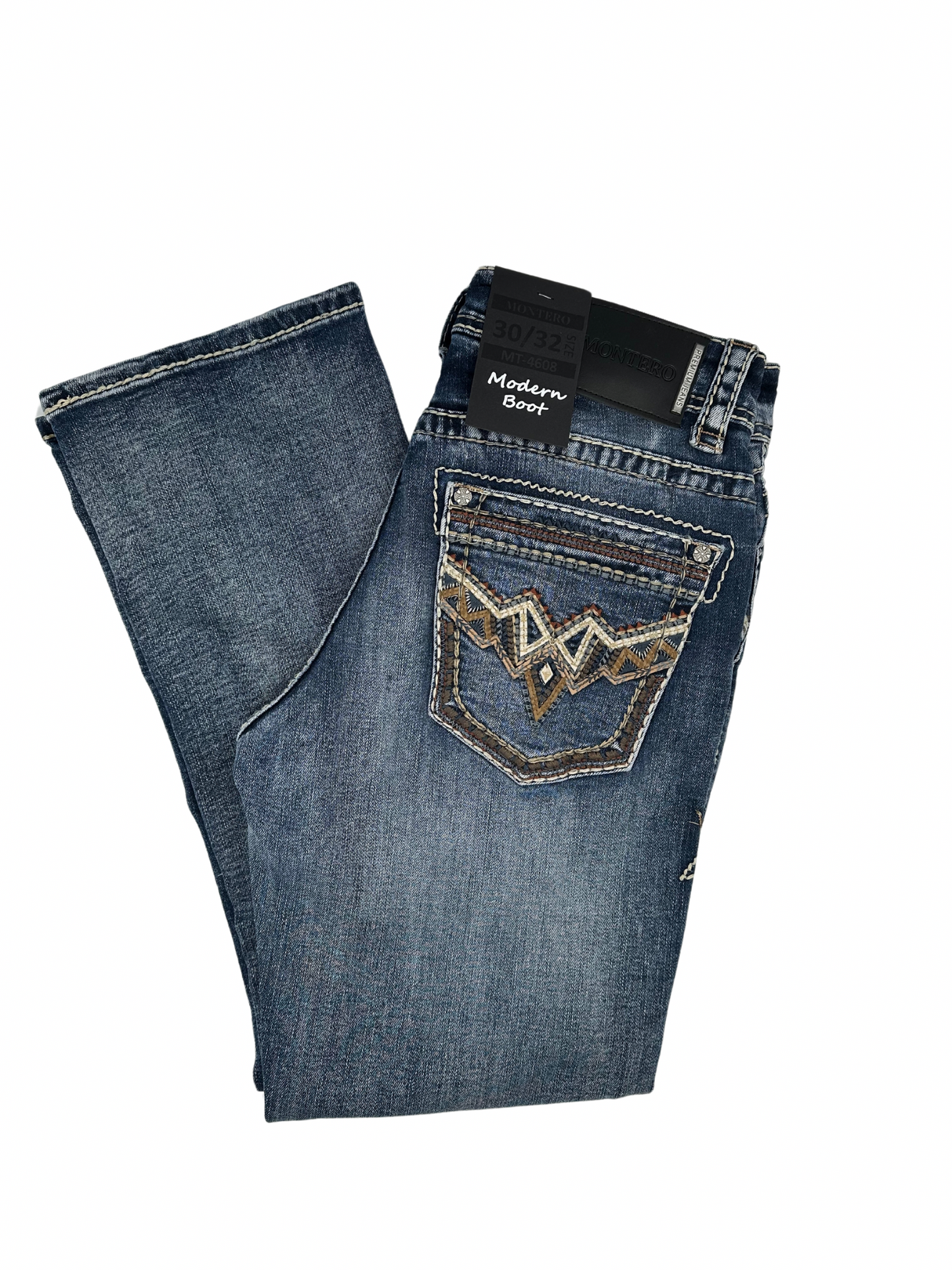 Montero Denim Tribal Stitched Pocket Medium Blue Modern Boot Jean