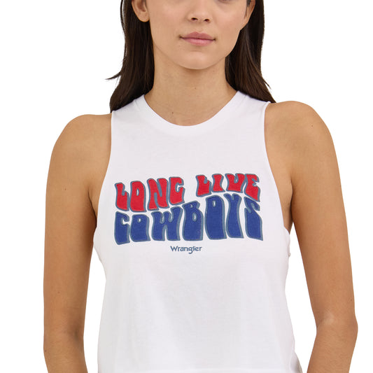 Wrangler Women's Long Live Cowboys Crop Graphic Tank Top-White