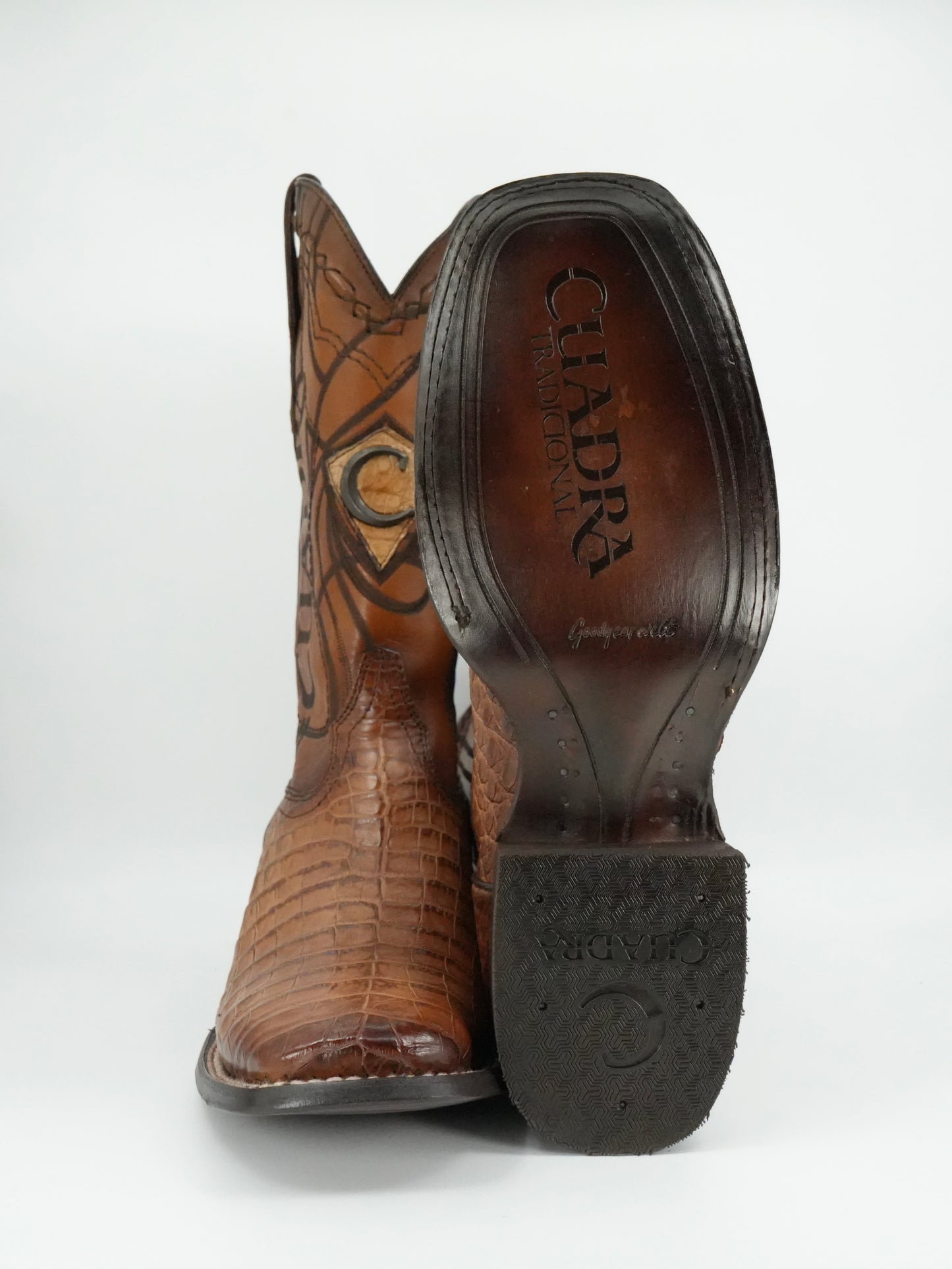 Cuadra Men's Engraved Sand Genuine Caiman Leather Cowboy Boots