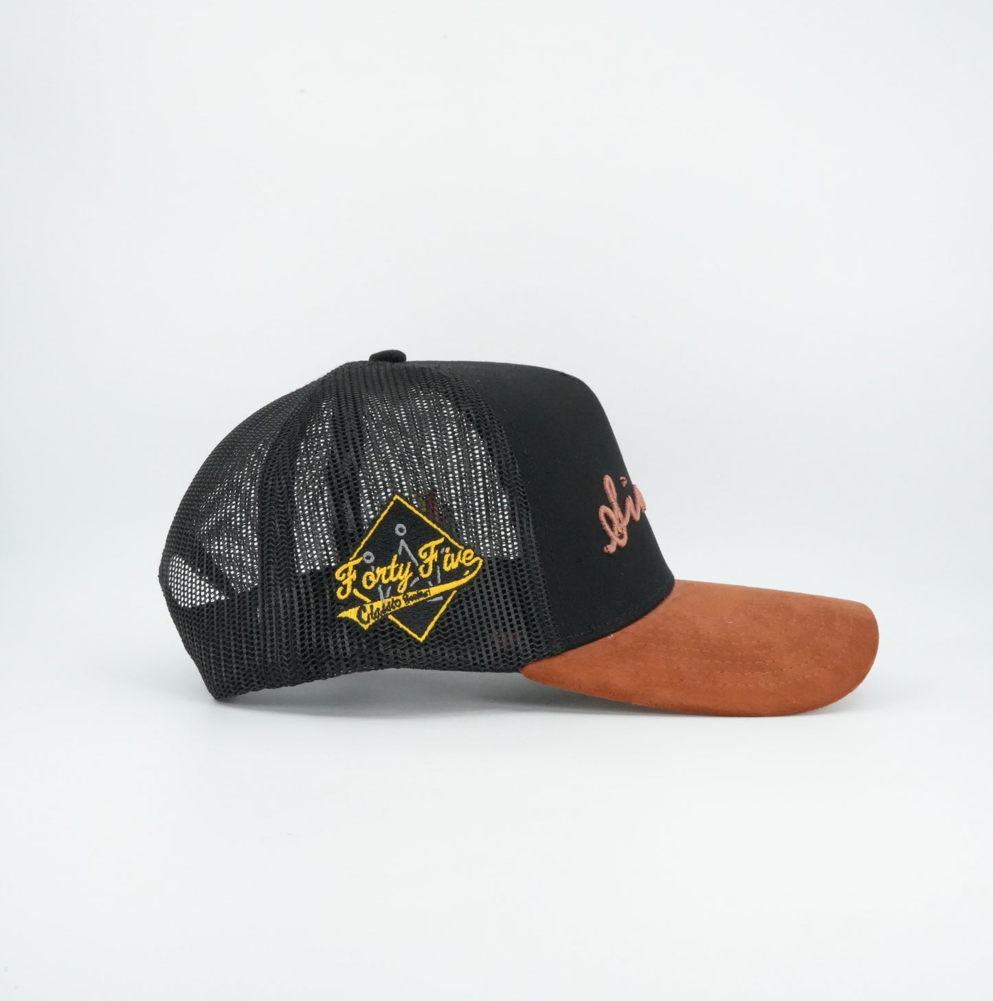 45 Rust Cursive Trucker Cap Black-Rust