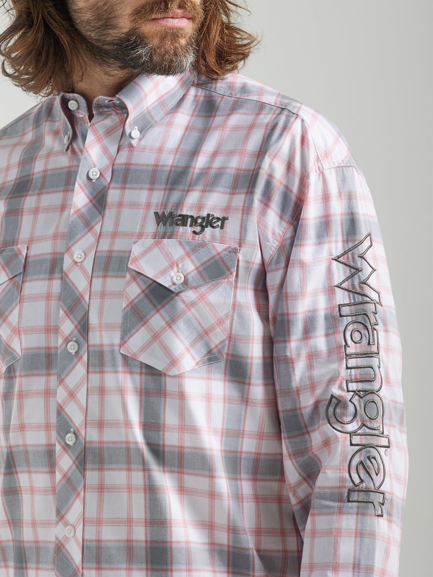 Wrangler Men's Logo Long Sleeve Button-Down Light Pink/Gray