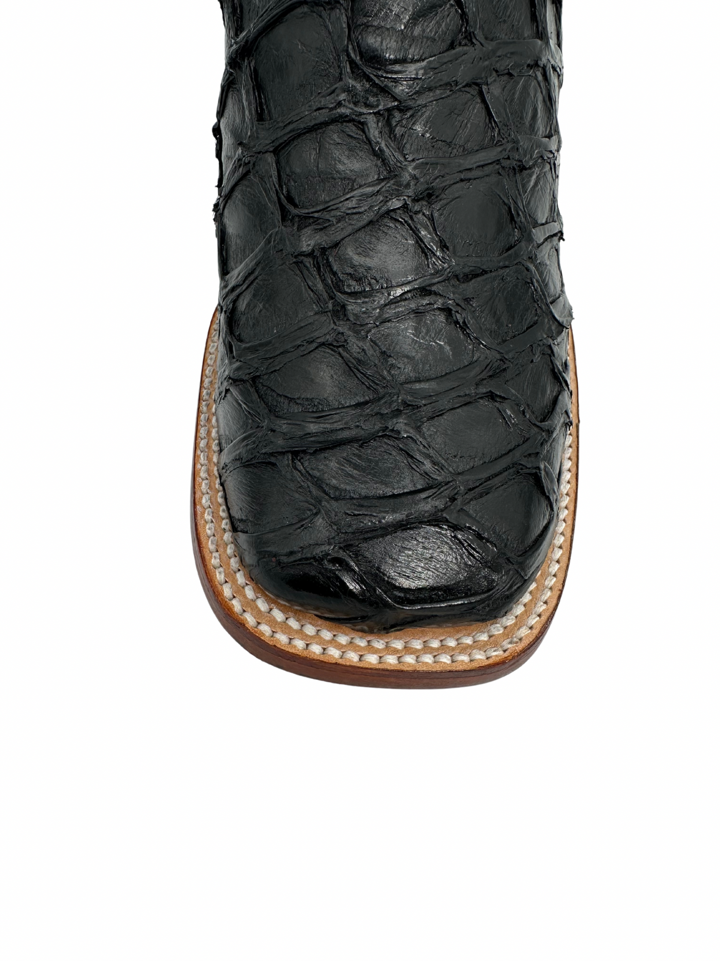 Wild West Men's Black Glossy Genuine Pirarucu Wide Square Toe Boot