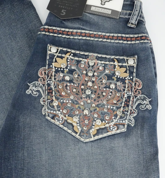 Lamasini Floral Stud Bling Pocket Stone Wash Bootcut Jean