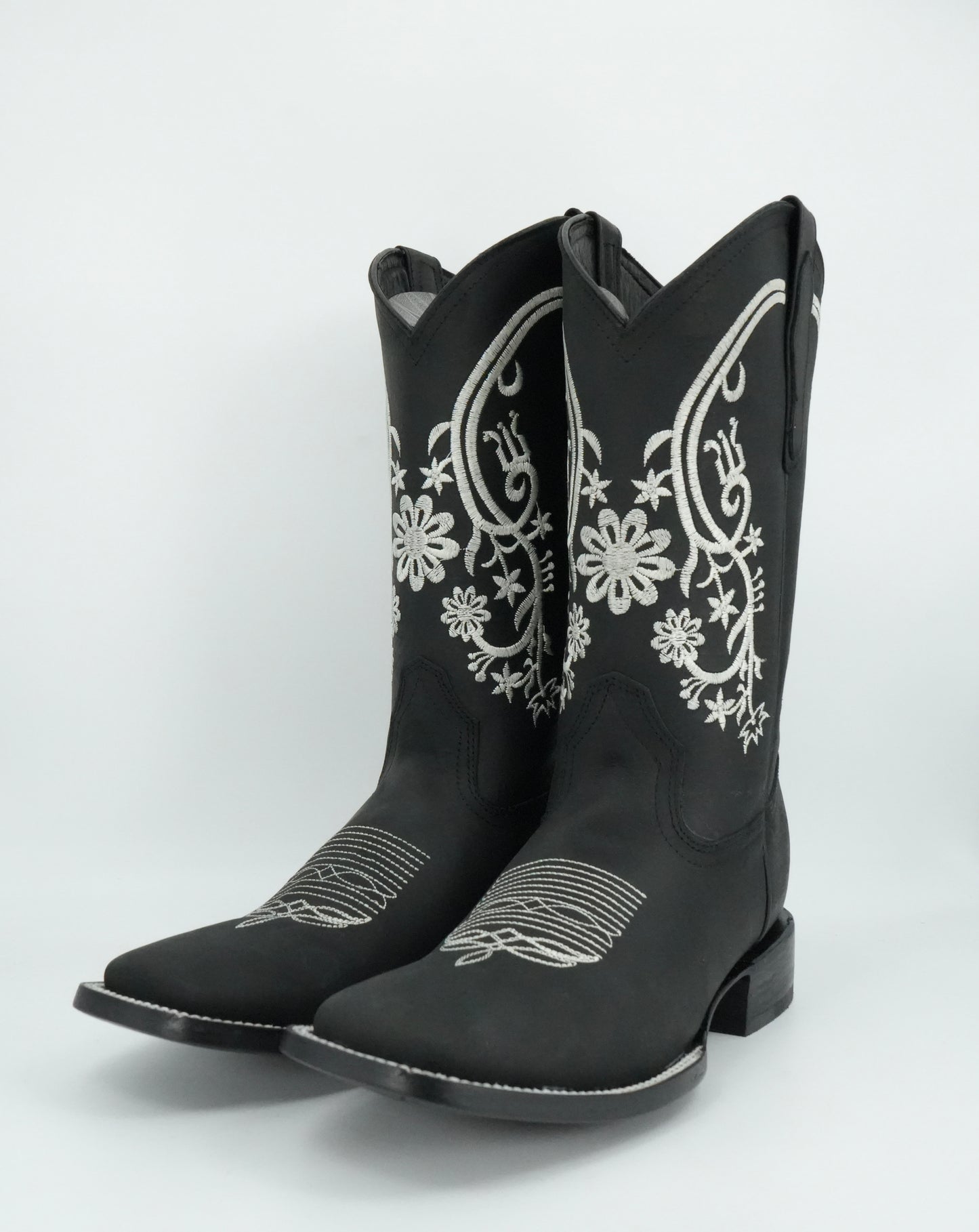 Centenario Women's Black Floral Embroidered Wide Square Toe Boot