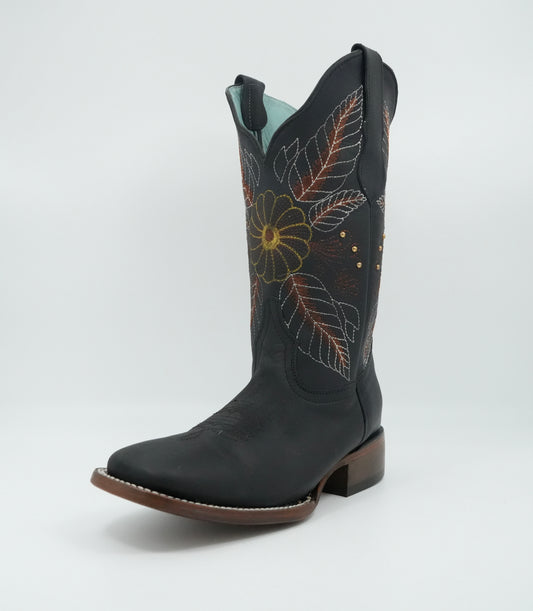 Stephy Women's Embroidered Flower Feathers Crazy Black Square Toe Boot