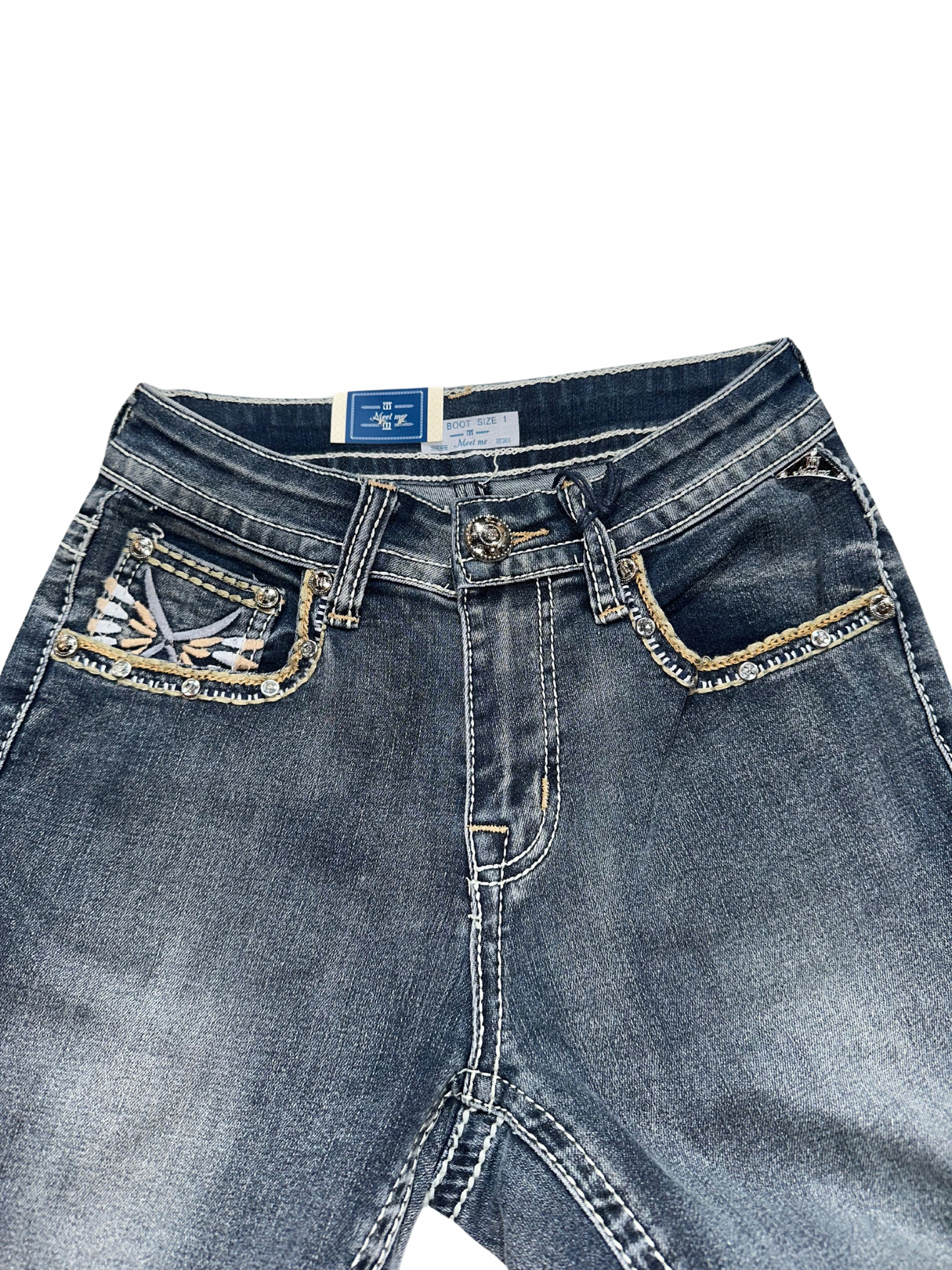 Meet Me Vintage Blue Bling Pocket Bootcut Jean