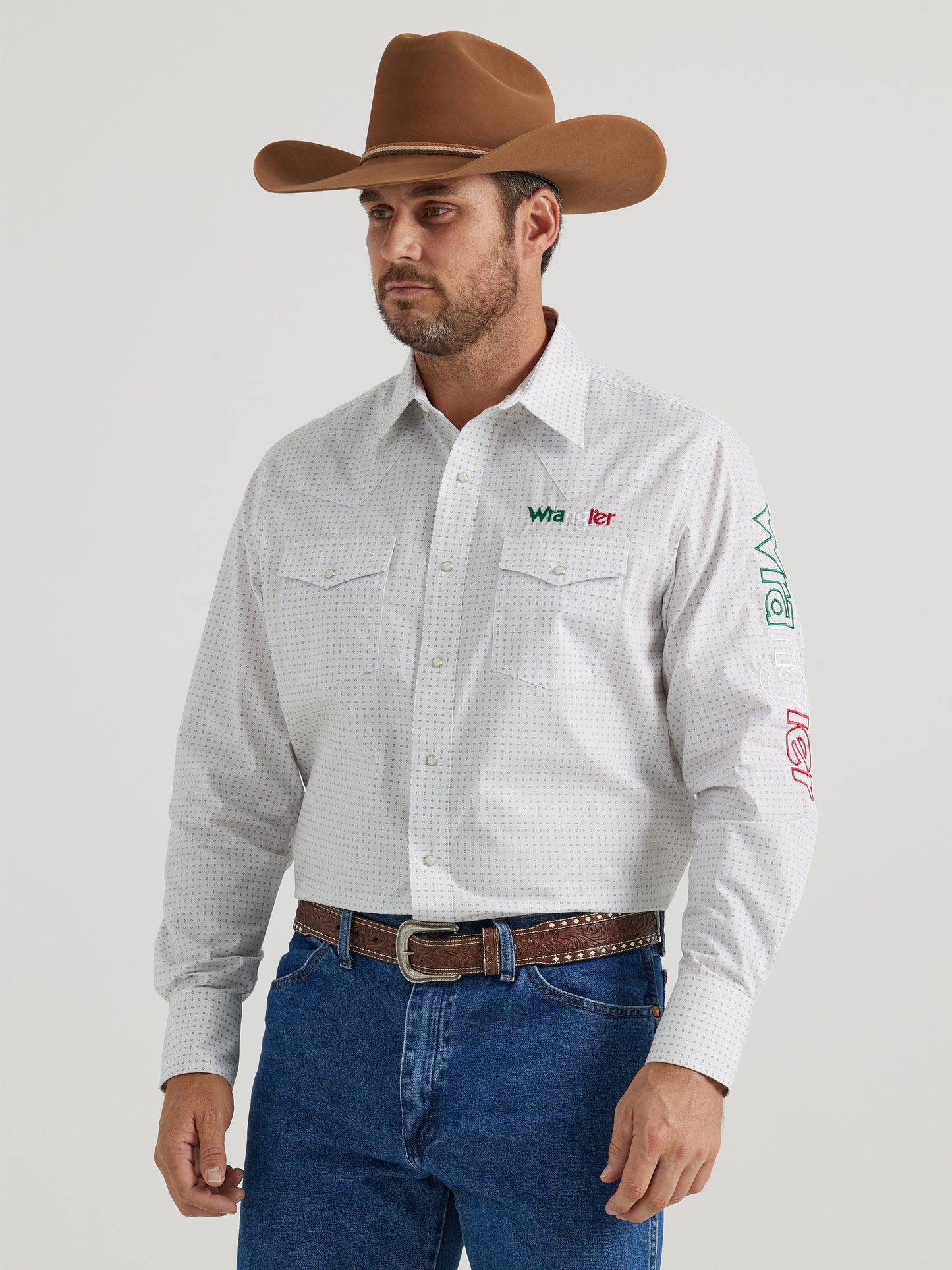 Wrangler Men's Logo Mexico Long Sleeve Western Snap Shirt White
