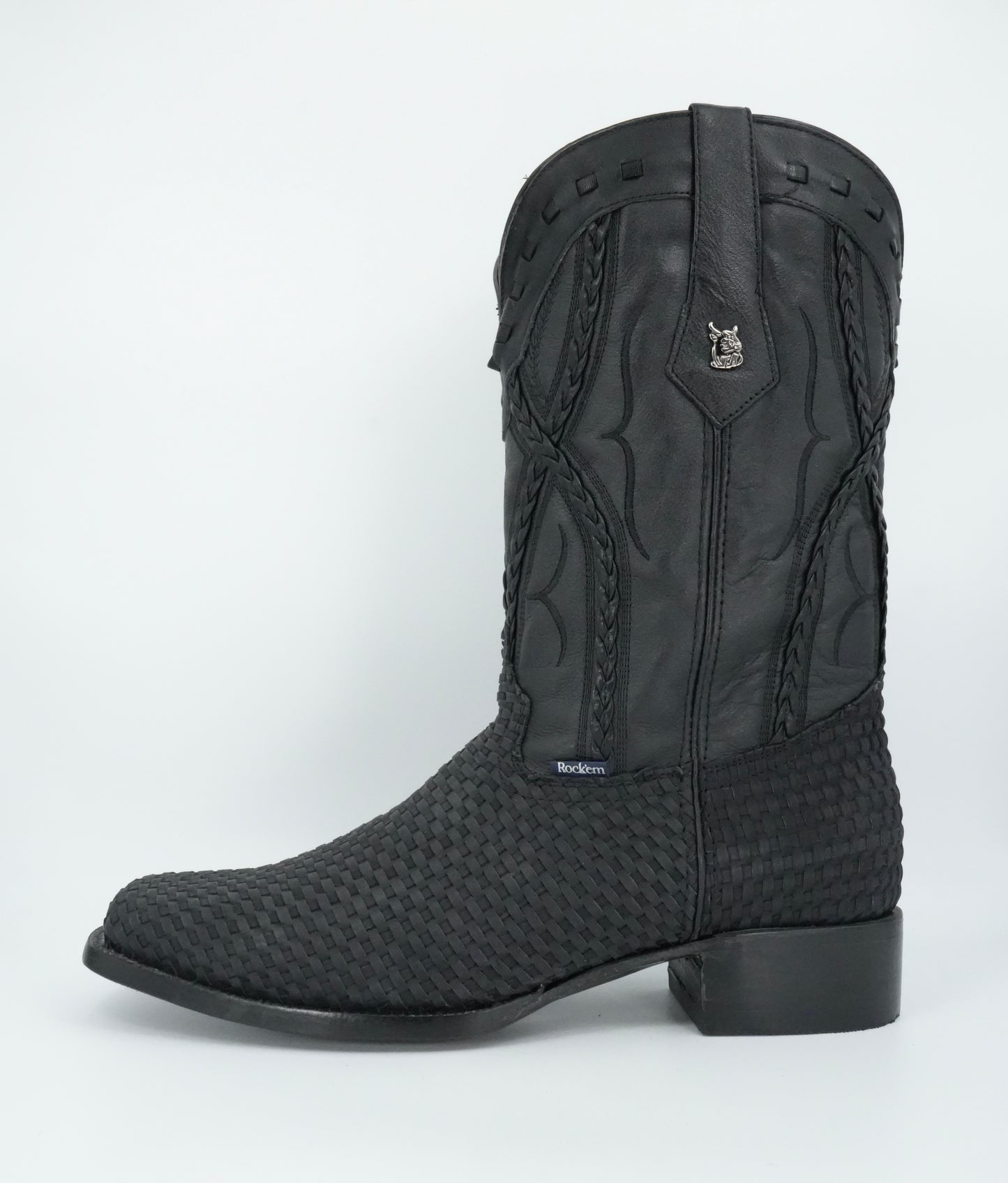 Rock'em Men's Petatillo Braided Leather Black Wide Square Toe Boot