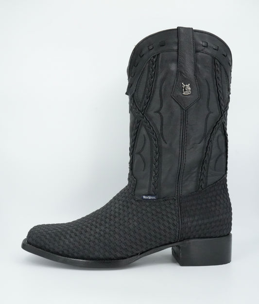 Rock'em Men's Petatillo Braided Leather Black Wide Square Toe Boot