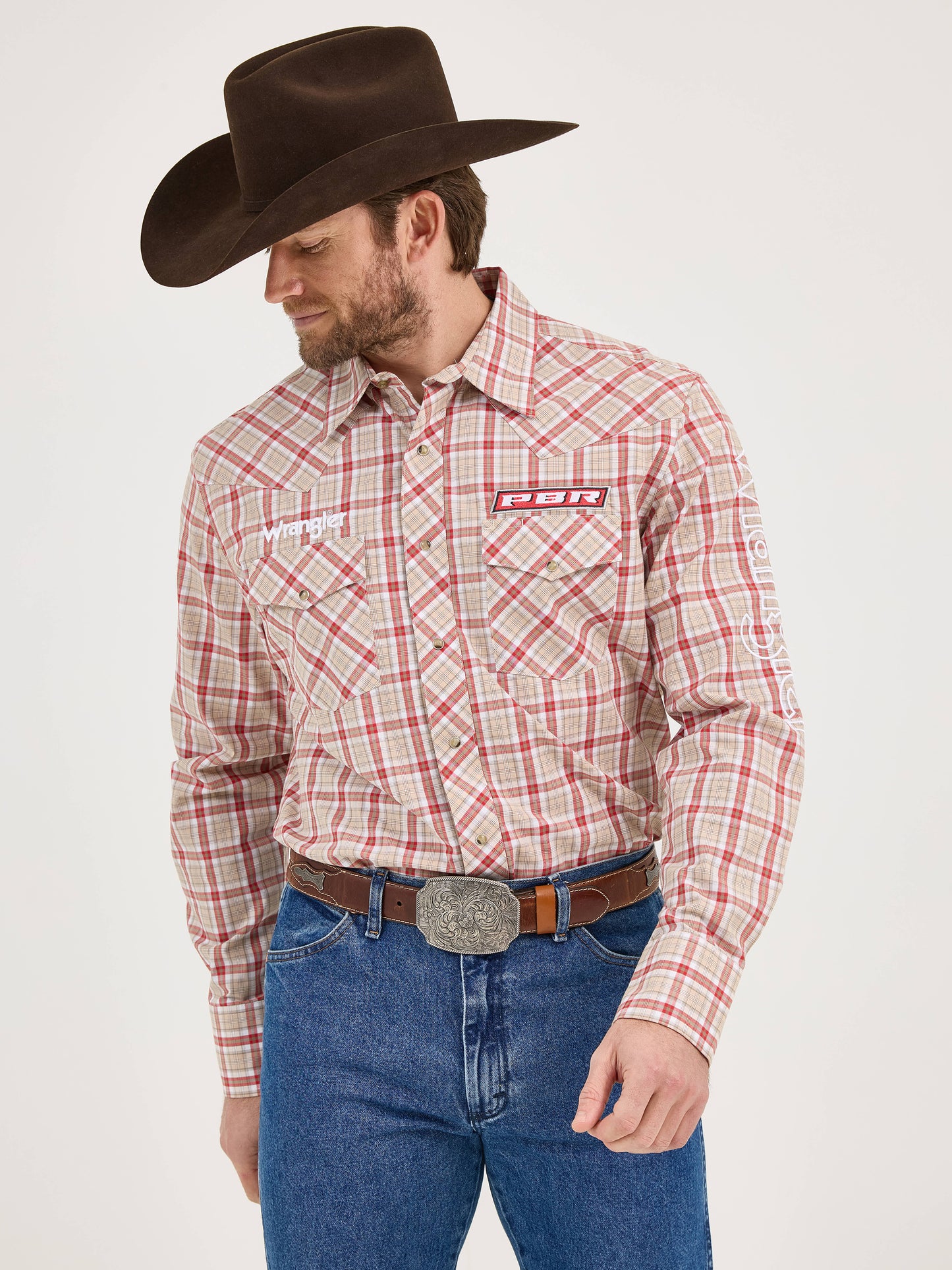 Wrangler Men's PBR Logo Long Sleeve Plaid Western Snap Beige Crimson Shirt