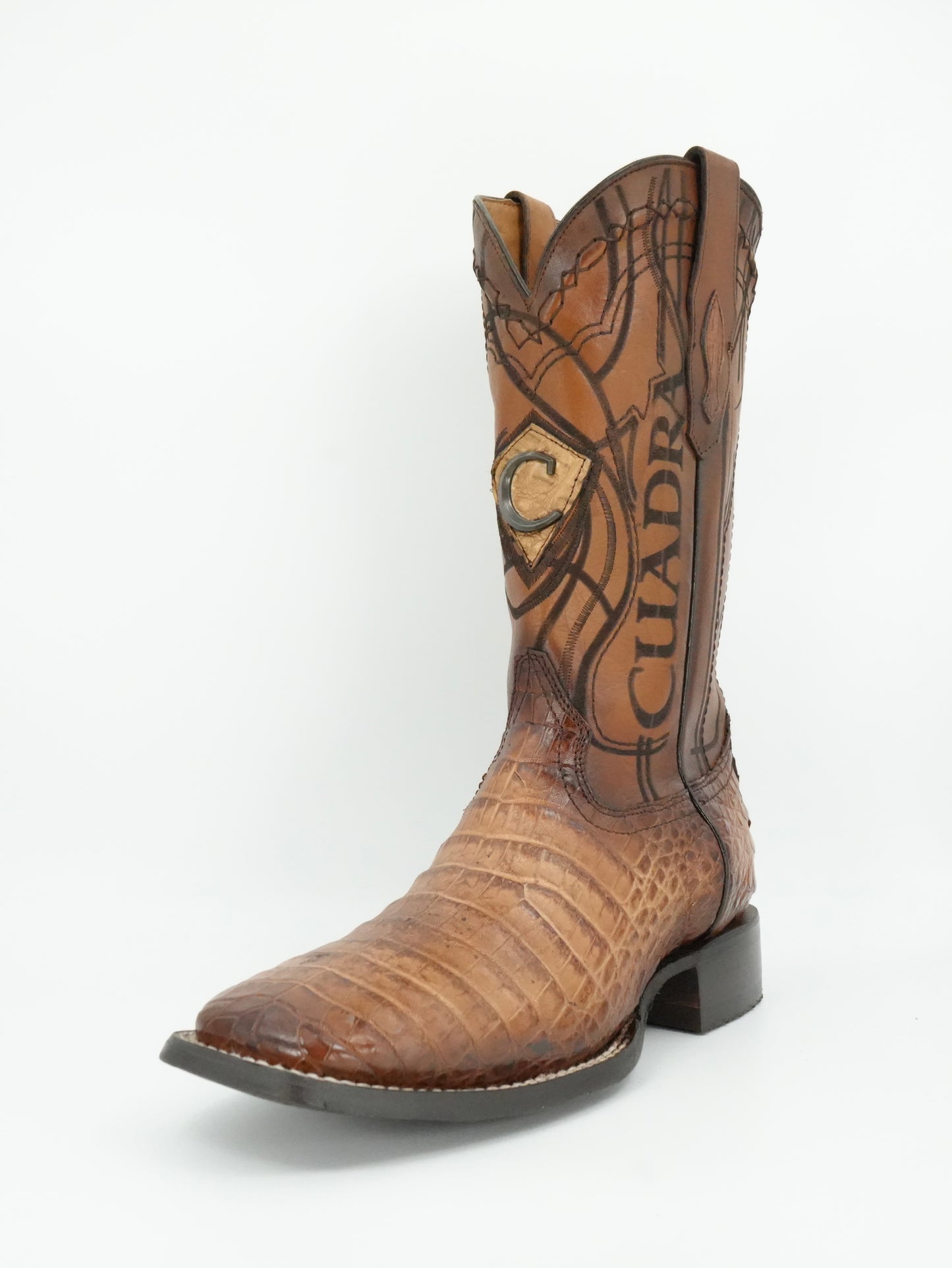 Cuadra Men's Engraved Sand Genuine Caiman Leather Cowboy Boots