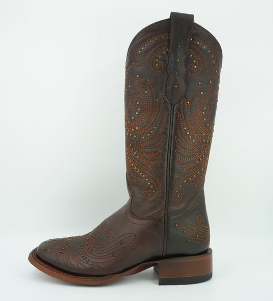 Quincy Women's Embroidered Crazy Mocha Wide Square Toe Boot