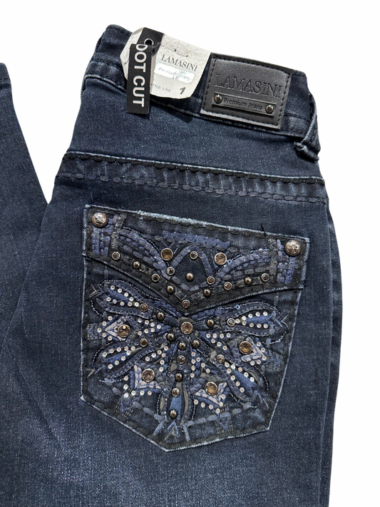 Lamasini Dark Blue Bling Star Pocket Bootcut Jean