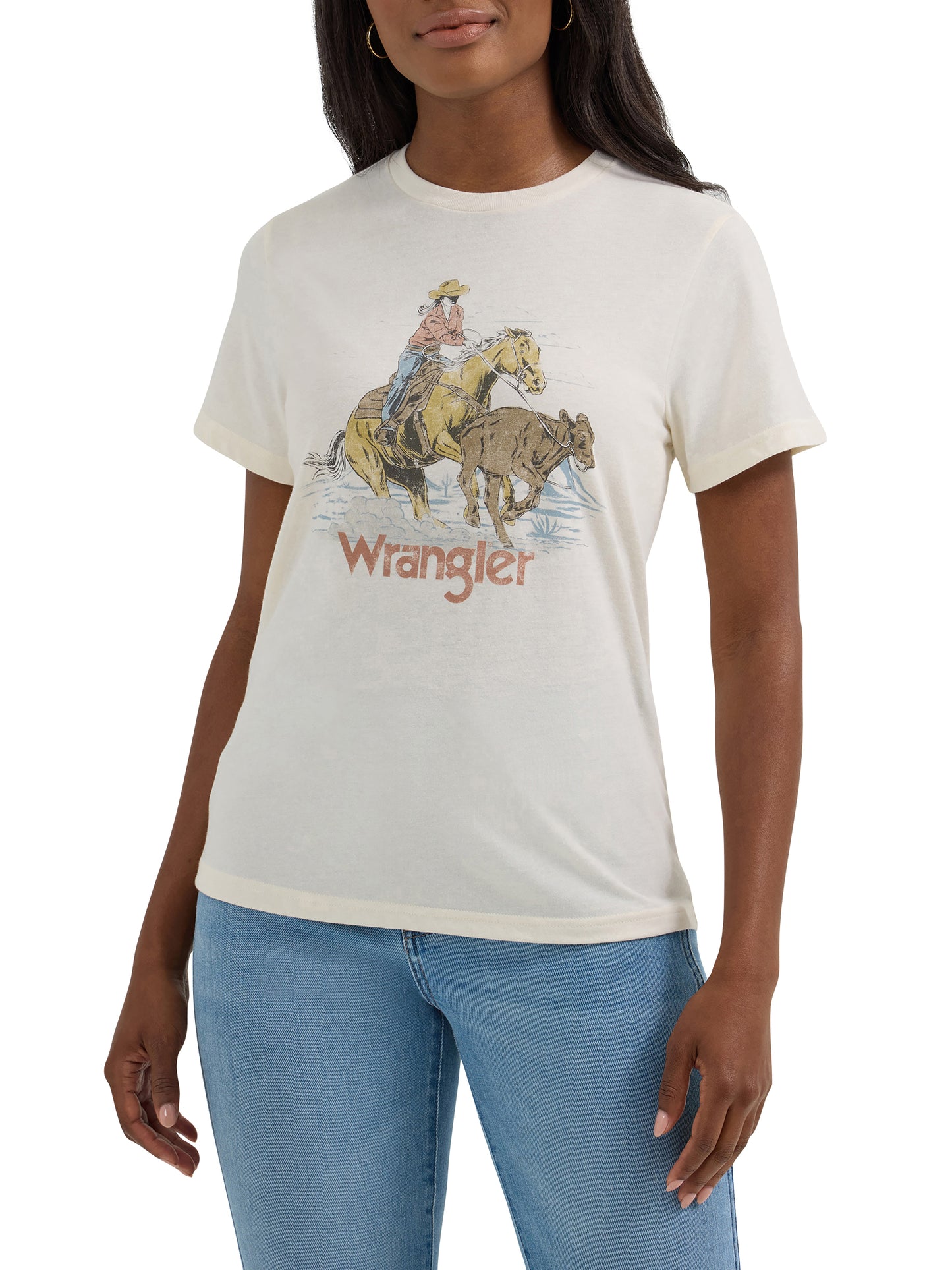 Wrangler Women's Logo Cowboy Regular Fit Short Sleeve White Heather Tee