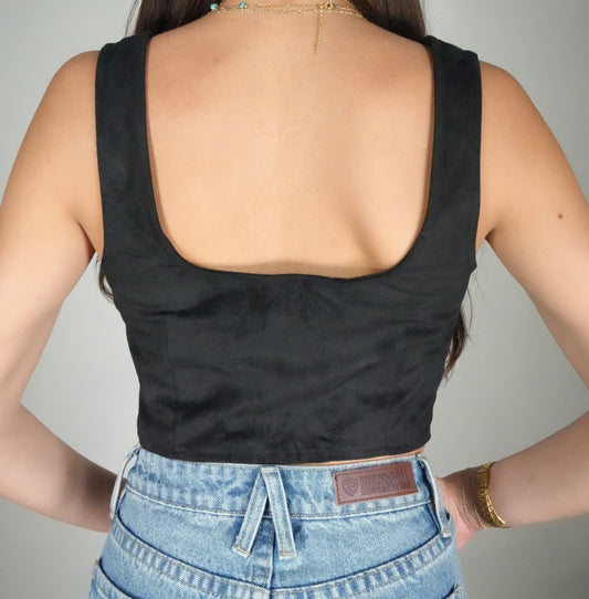 Women's Rock & Roll Denim Microsuede Boot Stitch Embroidered Tank Top - Black