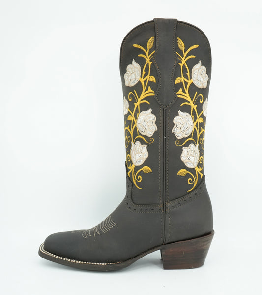 White Diamond Women's Roses Square Toe Leather Boot Brown