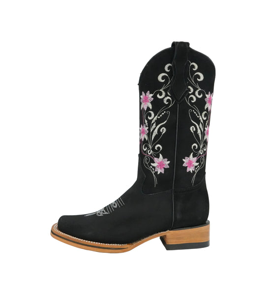 La Sierra Women's Nobuck Floral Pink Stitch Square Toe Boot - Black