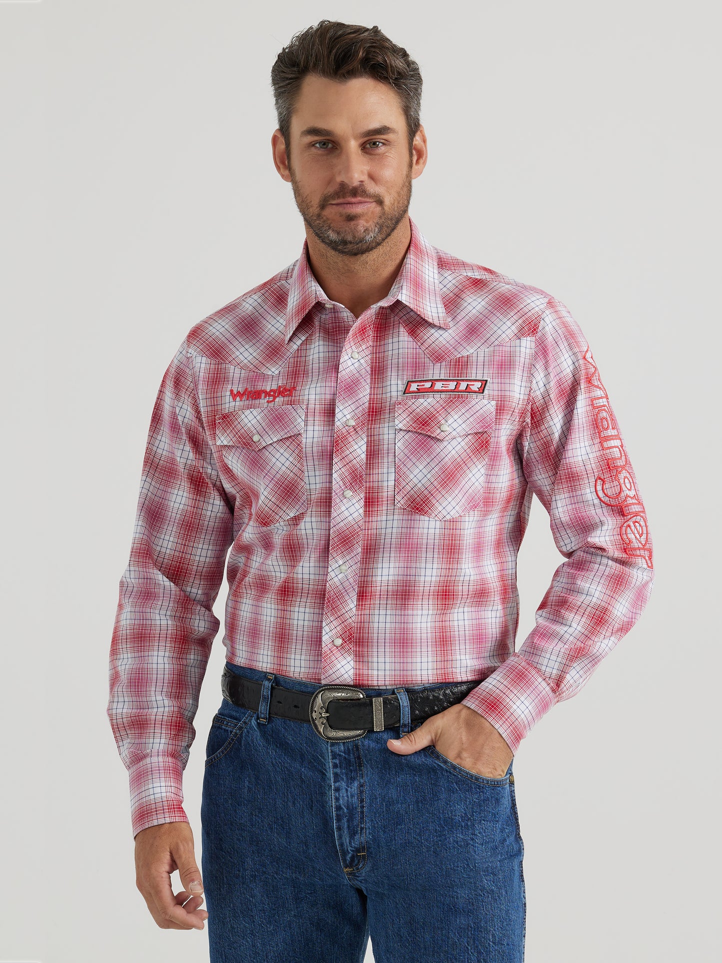 Wrangler Men's PBR Logo Long Sleeve Cherry Plaid Western Snap Shirt