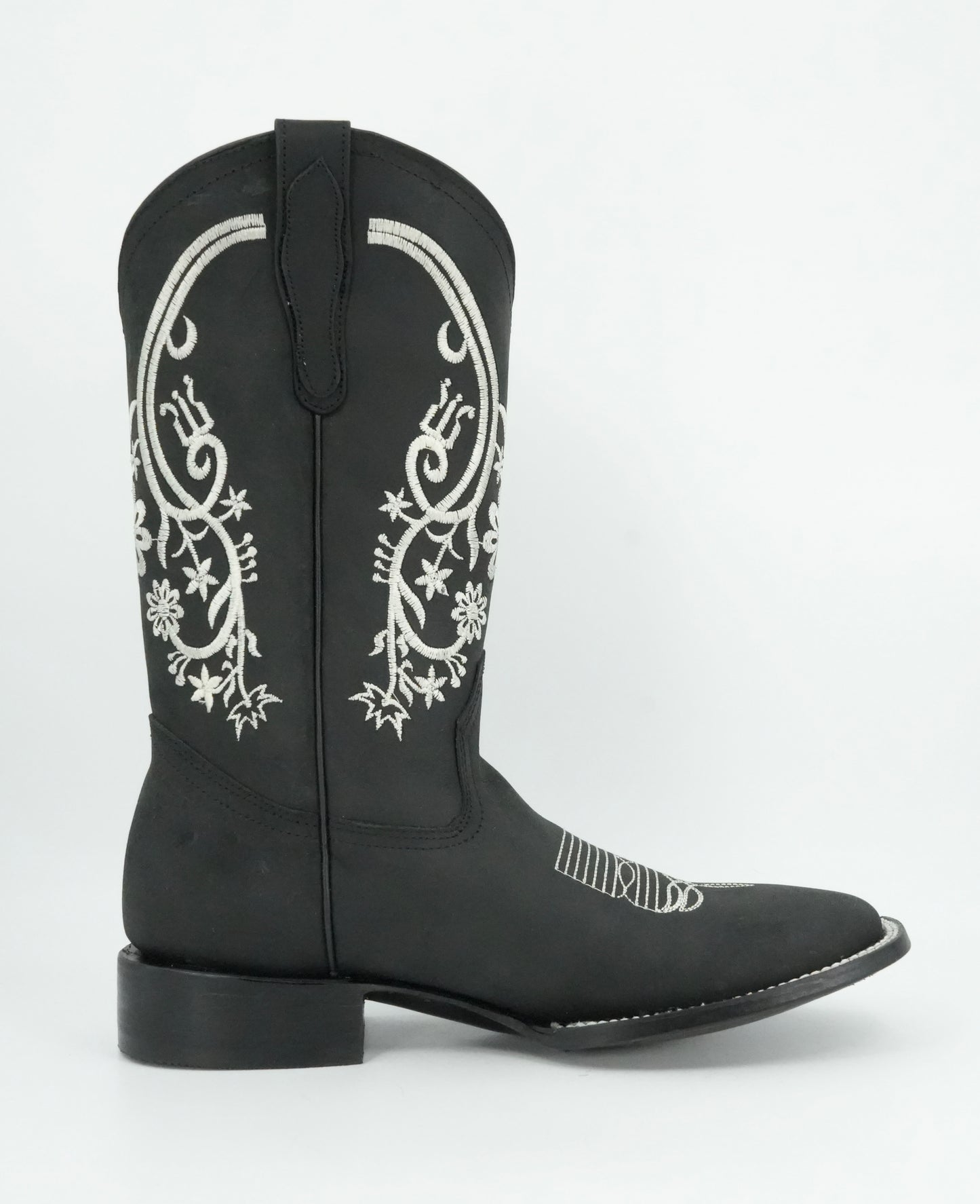 Centenario Women's Black Floral Embroidered Wide Square Toe Boot