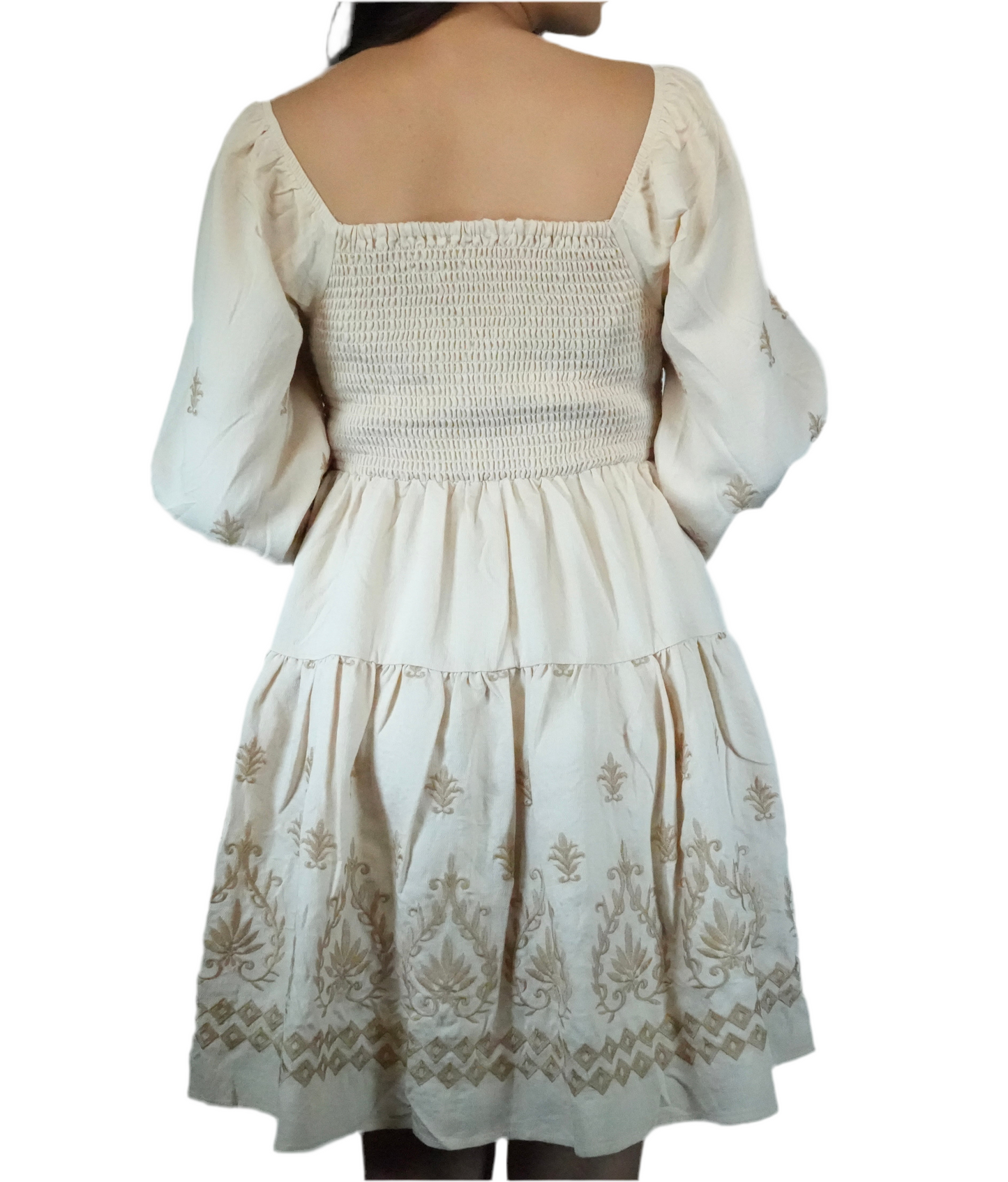 Blue B Women's Smoked Bodice Embroidered Mini Dress - Beige