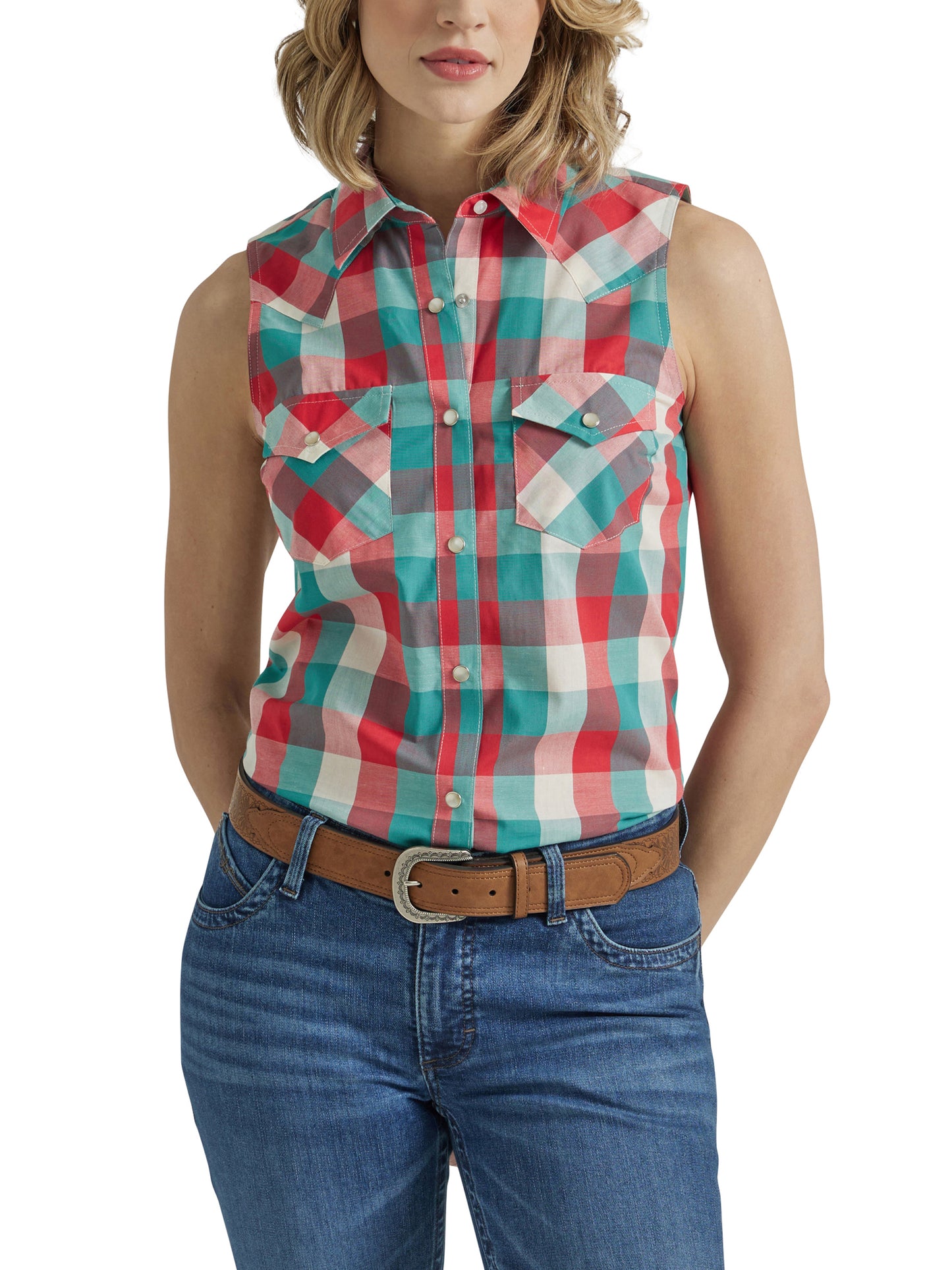Wrangler Women's Retro Essential Western Snap Tank Turquoise Red