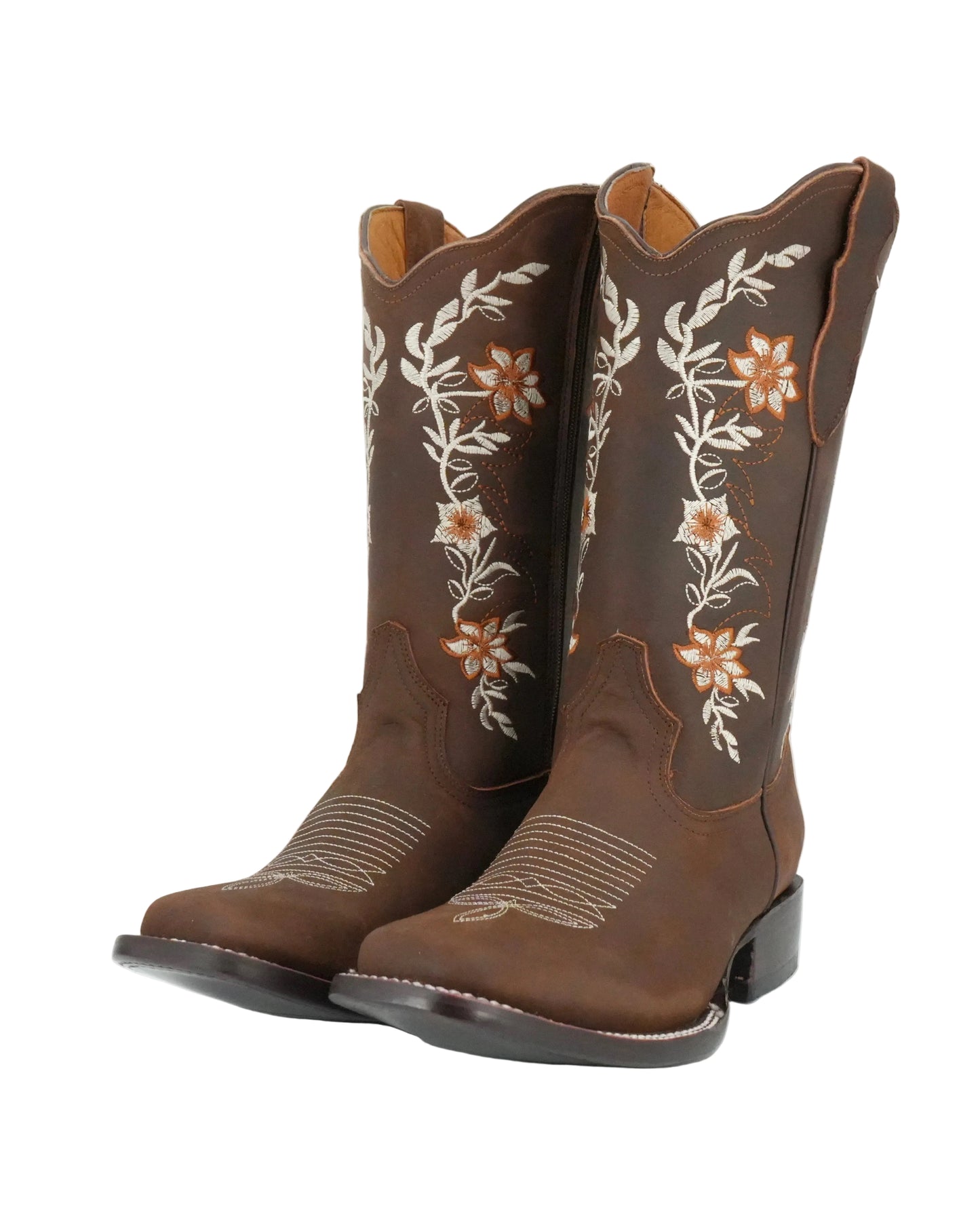 La Sierra Women's Zipper Floral Rust Stitch Square Toe Boot - Brown