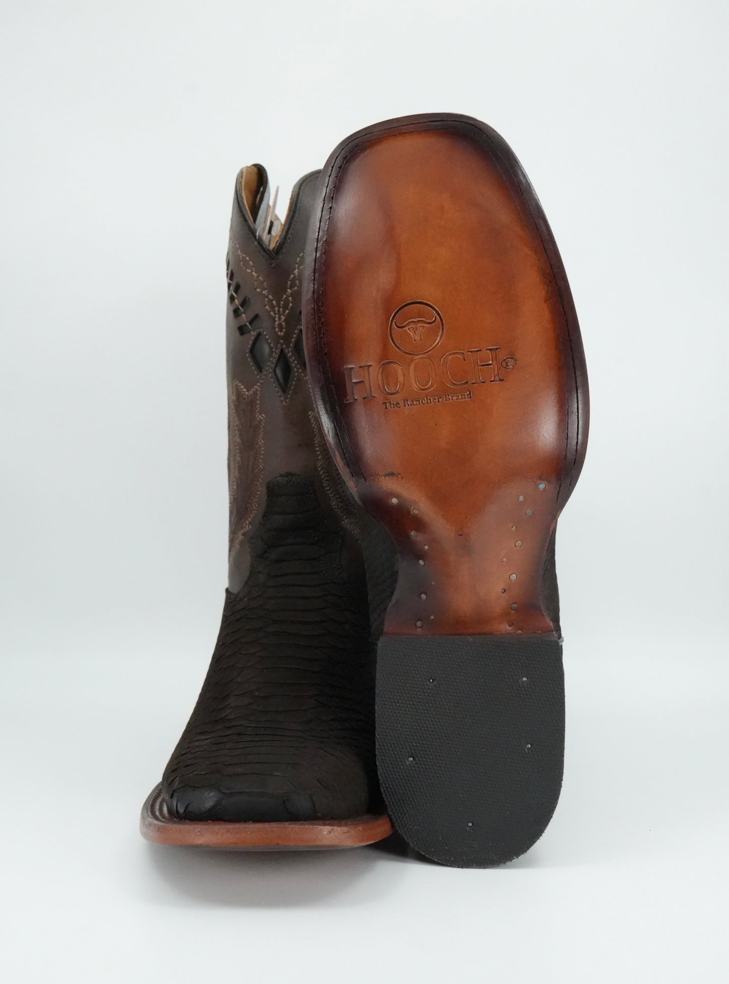 Hooch Men's Nobuck Chocolate Python Print Wide Square Toe Boot