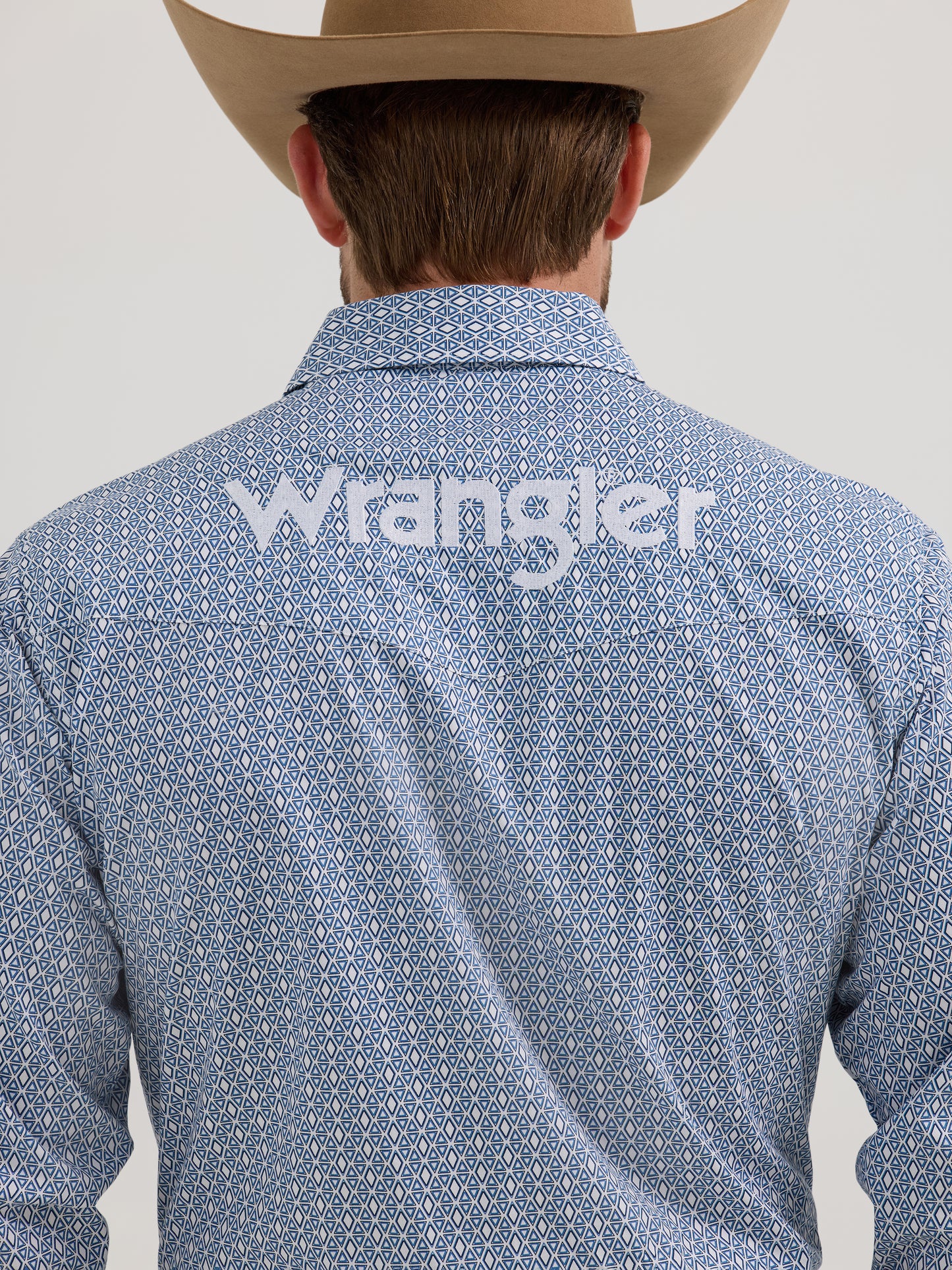 Wrangler Men's Logo Print Blue/White Diamond Long Sleeve Snap Button Shirt