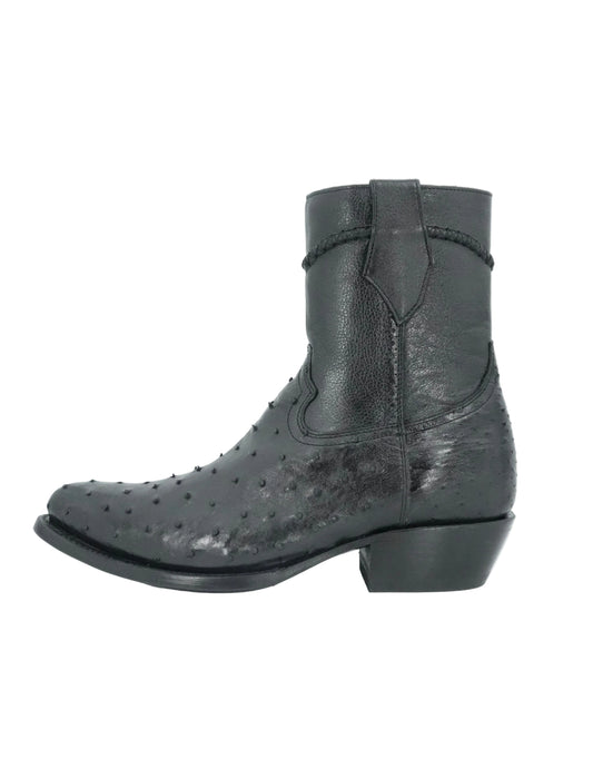 White Diamond Men's Exotic Zip Ostrich Round Toe Short Boot - Black