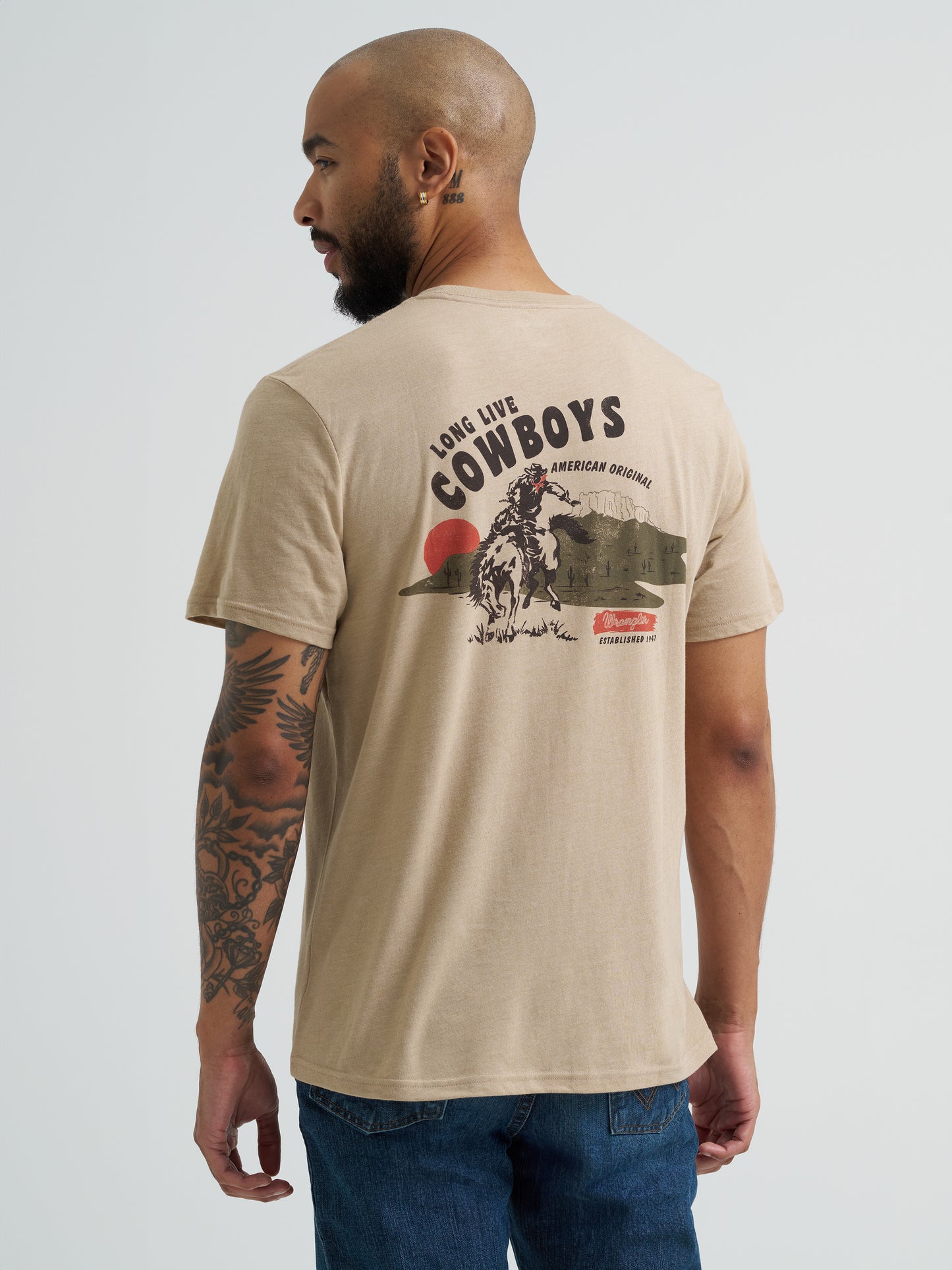 Wrangler Men's Short Sleeve Bucking Cowboy Back Graphic T-Shirt Light Brown