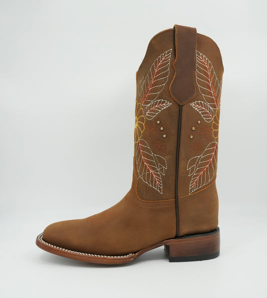 Stephy Women's Embroidered Flower Feathers Crazy Honey Square Toe Boot