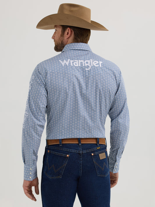 Wrangler Men's Logo Print Blue/White Diamond Long Sleeve Snap Button Shirt