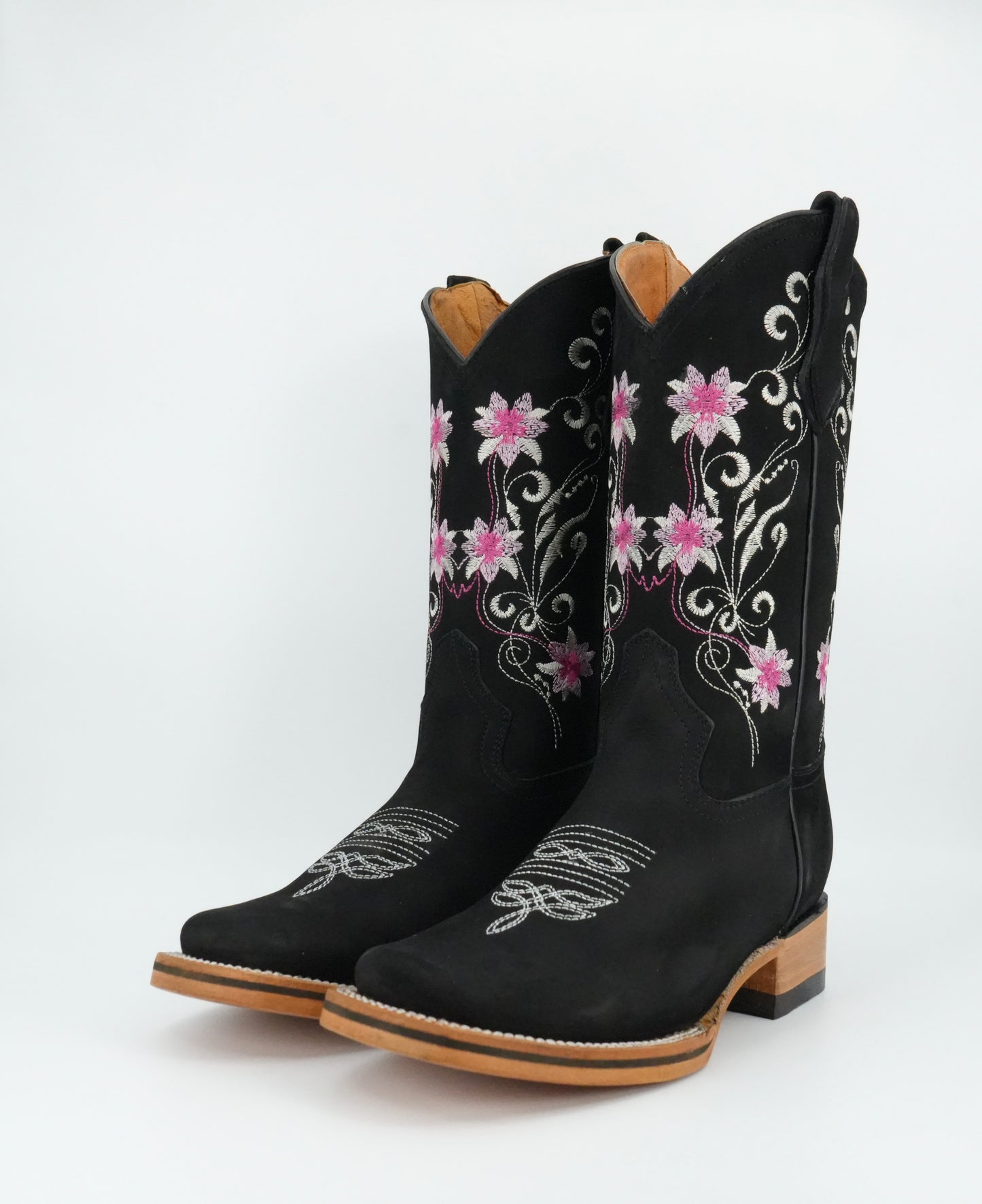 La Sierra Women's Nobuck Floral Pink Stitch Square Toe Boot - Black