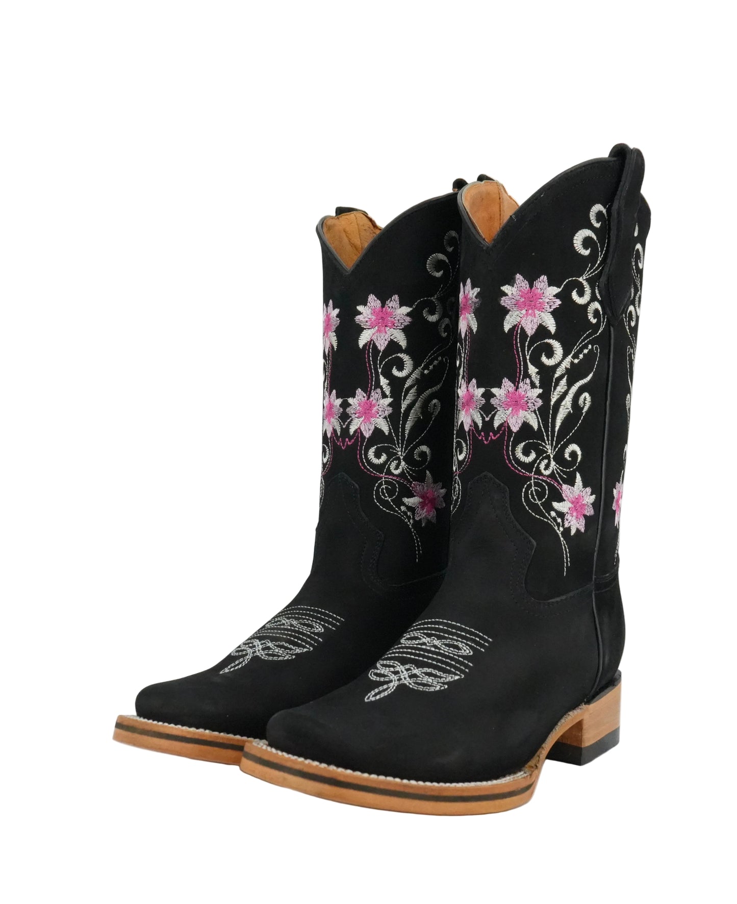 La Sierra Women's Nobuck Floral Pink Stitch Square Toe Boot - Black