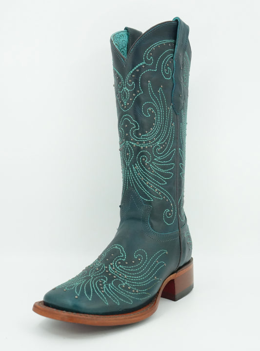 Quincy Women's Embroidered Crazy Dark Turquoise Square Toe Boot