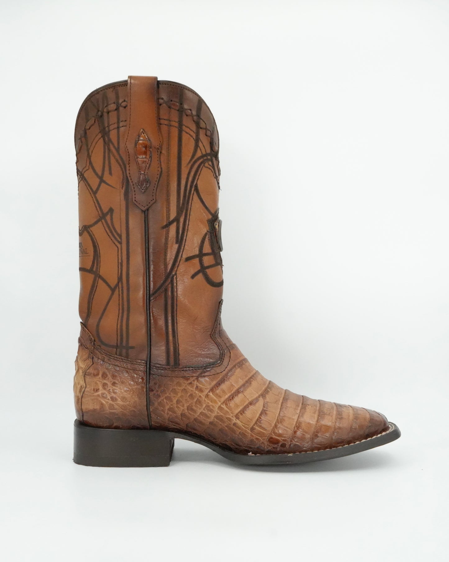 Cuadra Men's Engraved Sand Genuine Caiman Leather Cowboy Boots